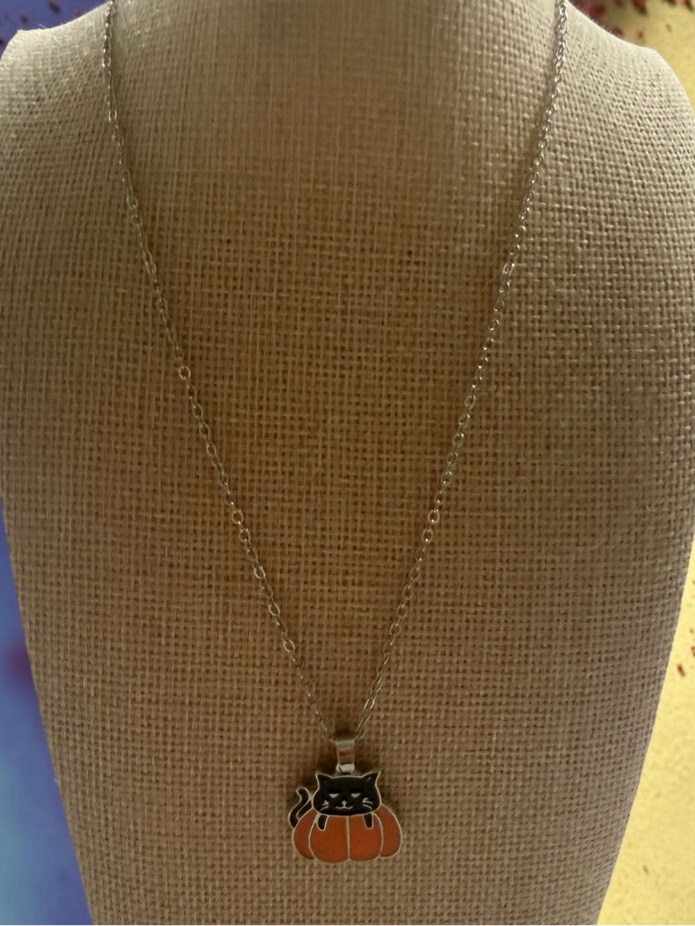 Silver Necklace with Black Cat on Orange Pumpkin Pendant